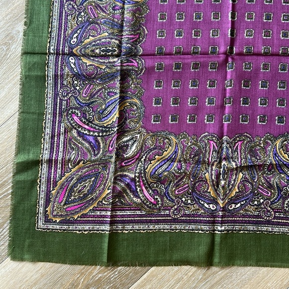 Vintage Paisley Patterned Square Scarf in Green and Purple 30” x 30” - Picture 6 of 8